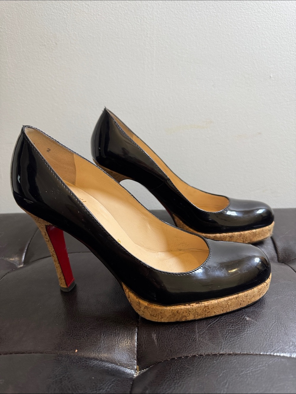 Christian Louboutin black patent leather and cork pumps heels shoes sz 38